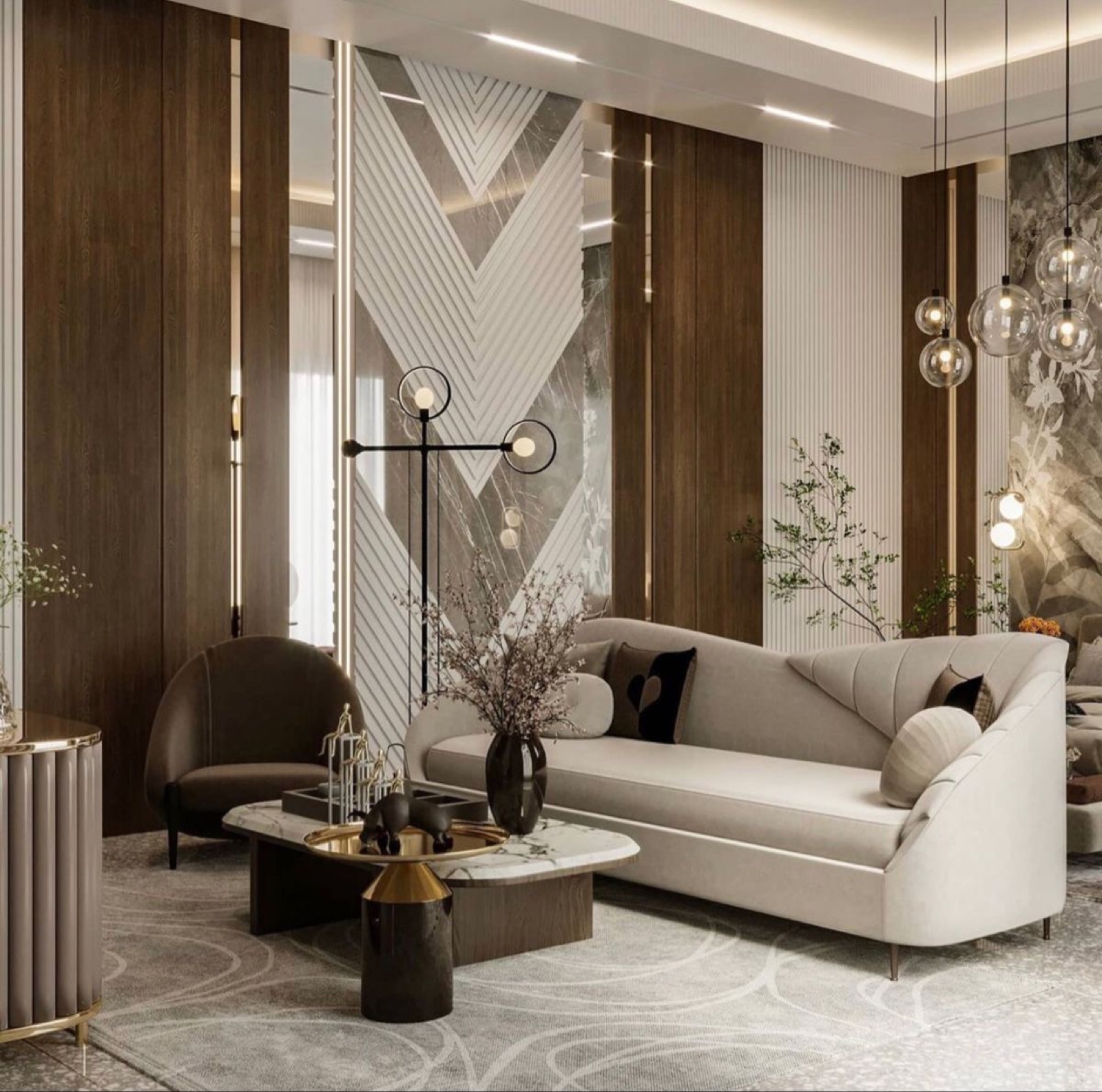 Luxury Indian living room with wood and marble feature wall