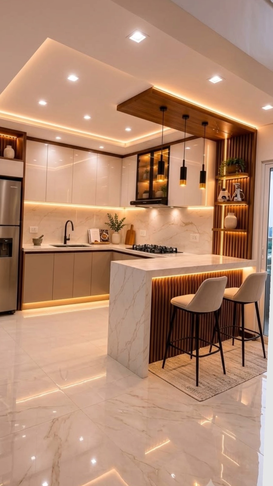 Warm contemporary Indian modular kitchen with breakfast counter