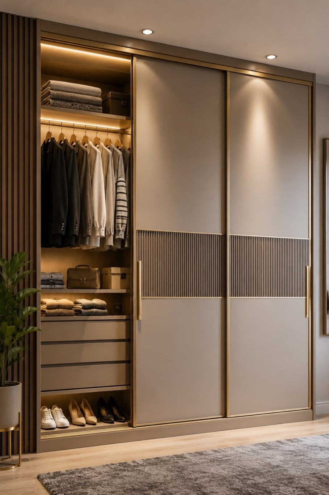 Premium Indian bedroom sliding wardrobe with integrated lighting